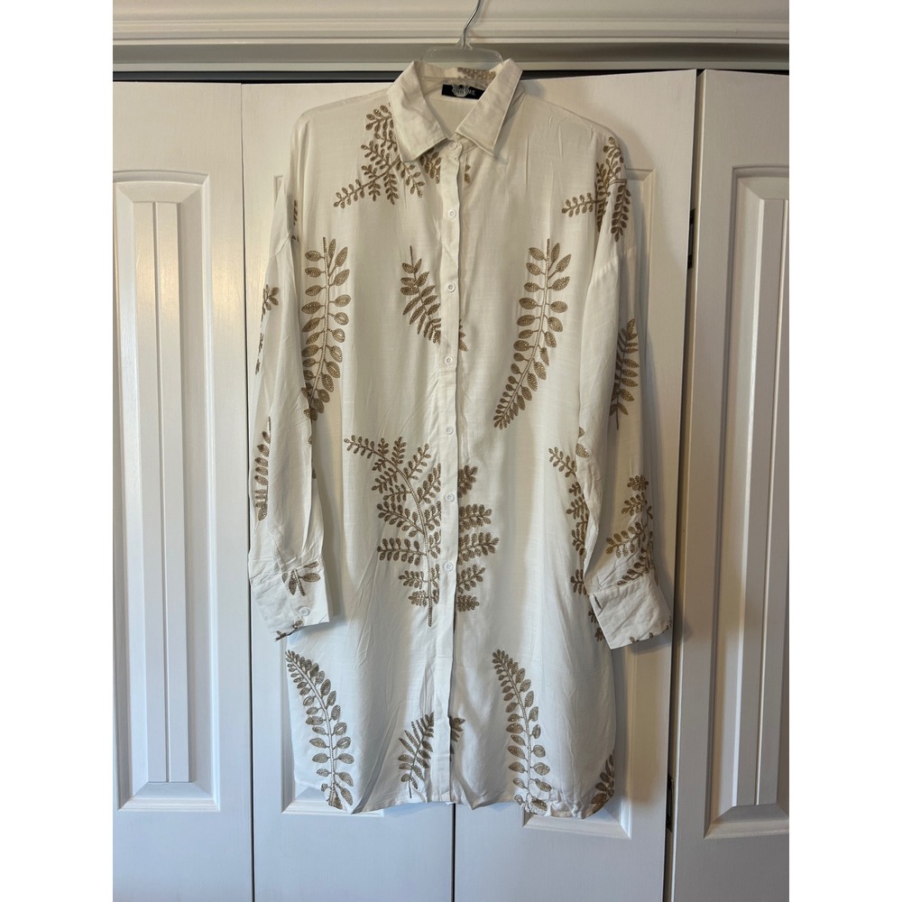 ChicMe White Gold Embroidered Leaf Longline Button Down Shirt Dress XXL WMVE0001